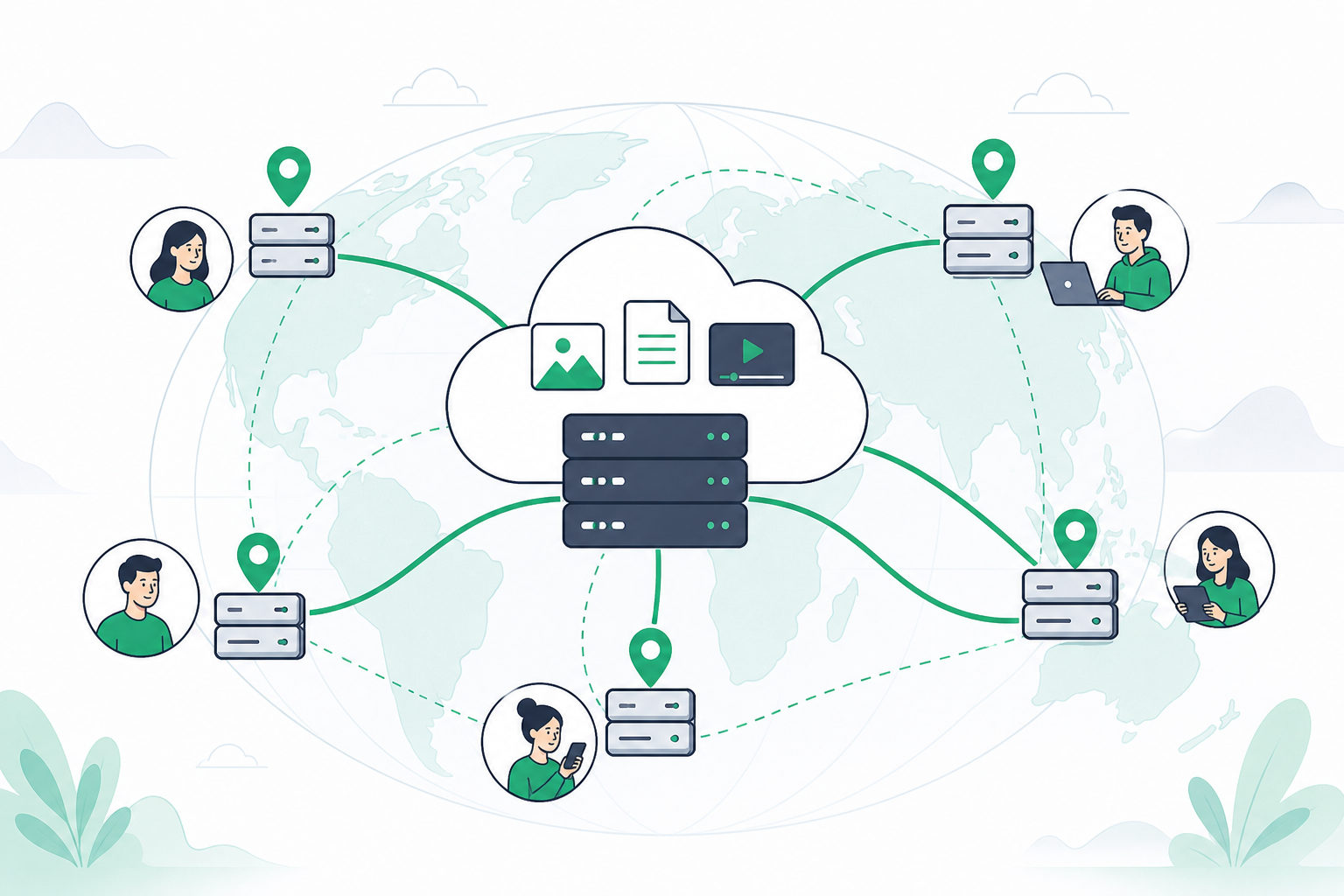 Illustration of content moving from an origin server to distributed CDN edge nodes